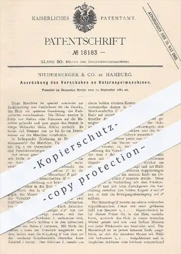 original Patent - Niederberger & Co. in Hamburg , 1881 , Ausrückung des Vorschubes an Holzraspelmaschinen | Holz !!!
