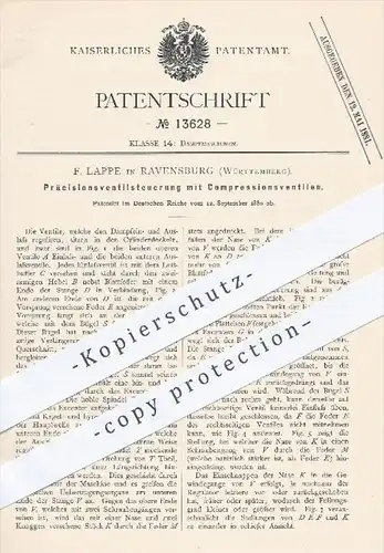 original Patent - F. Lappe in Ravensburg , 1880 , Präzisionsventilsteuerung mit Kompressionsventilen | Dampfmaschinen !!
