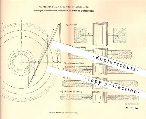 original Patent - R. Jähns , Köln Nippes , 1881 , Gummifedern für Buffer an Eisenbahnwagen | Eisenbahn , Eisenbahnen !!
