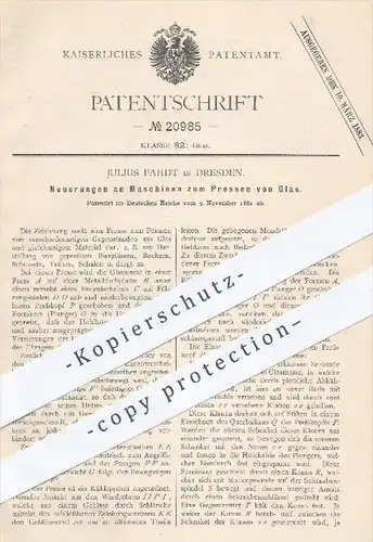original Patent - Julius Fahdt , Dresden , 1881 , Maschinen zum Pressen von Glas | Gläser , Formen , Glasbläser !!!