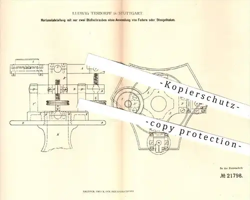 original Patent - Ludwig Tesdorff , Stuttgart , 1882 , Horizontalstellung für Vermessung mit nur zwei Stellschrauben !!!