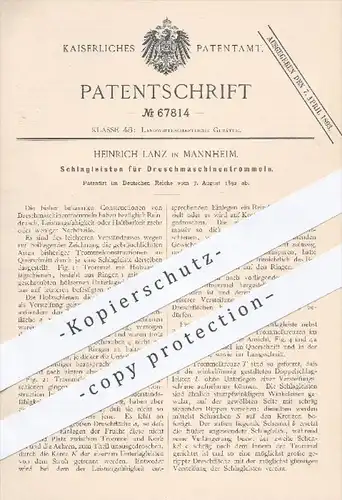 original Patent - Heinrich Lanz in Mannheim , 1892 , Schlagleisten für Dreschmaschinentrommeln | Drescher , Dreschen !!!