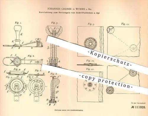 original Patent - Johannes Greiner , Worms  1898 , Versiegeln von Schriftstücken | Siegel , Doppelsiegel , Papier , Post
