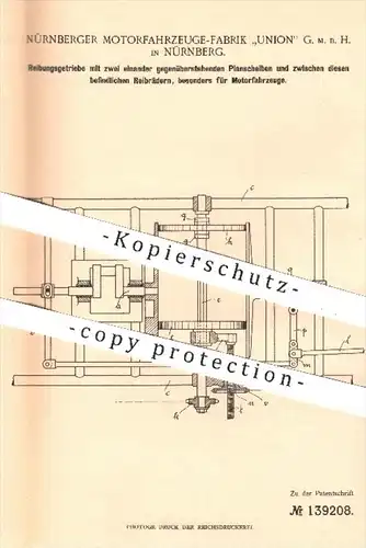 original Patent - Nürnberger Motorfahrzeuge Fabrik Union GmbH , Nürnberg , 1902 , Reibungsgetriebe | Getriebe , Motoren