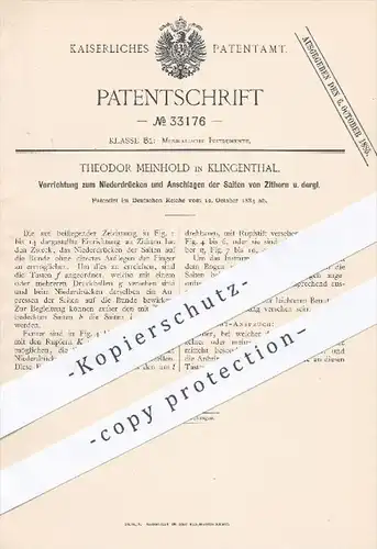 original Patent - T. Meinhold , Klingenthal , 1884 , Niederdrücken u. Anschlagen der Saiten von Zittern | Zitter , Musik