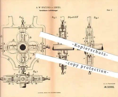 original Patent - A. W. Spatzier , Leipzig , 1885 , Verstellbare Laufrollenlager | Wellenlager , Rollenlager , Maschinen