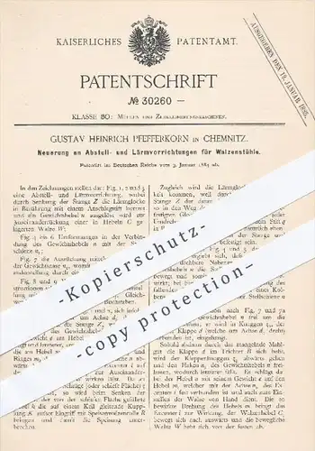 original Patent - G. H. Pfefferkorn , Chemnitz , 1884 , Abstell- u. Lärmvorrichtungen für Walzenstühle | Mühle , Mühlen