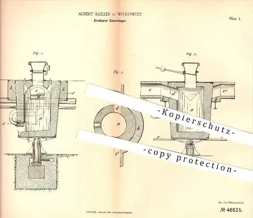 original Patent - Albert Sailler in Witkowitz , 1888 , Drehbarer Gaserzeuger | Gas , Generator , Generatoren , Kolben !!