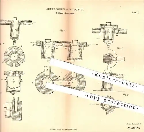 original Patent - Albert Sailler in Witkowitz , 1888 , Drehbarer Gaserzeuger | Gas , Generator , Generatoren , Kolben !!