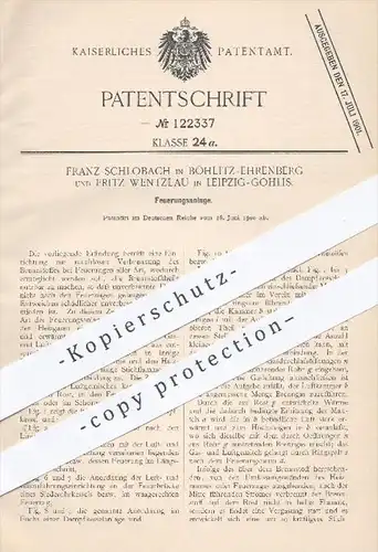 original Patent - F. Schlobach , Böhlitz Ehrenberg , F. Wentzlau , Leipzig Gohlis , 1900 , Feuerungsanlage , Feuerung !!