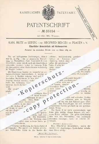 original Patent - K. Biltz , Leipzig u. S. Berger , Plauen , 1885 , Elberfelder Broschierlade mit Kettenantrieb | Weber