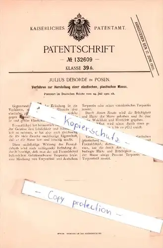 Original Patent  - J. Deborde in Posen , 1901 , Herrstellung einer elastischen, plastischen Masse !!!