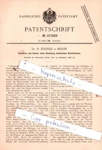 Original Patent  - Dr. H. Zerener in Berlin , 1898 , Gerberei !!!