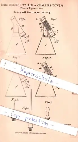 Original Patent  -  John Herbert Walker in Charters-Towers , 1899 , Kanne mit Spritzvorrichtung !!!