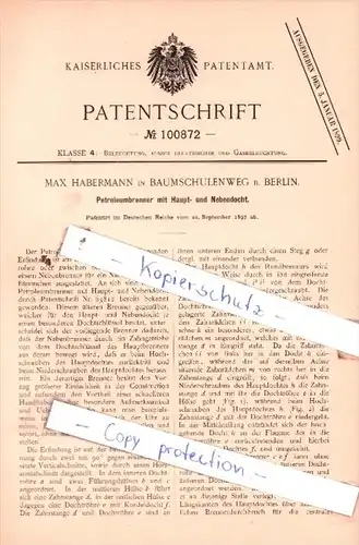 Original Patent  - Max Habermann in Baumschulenweg in Berlin , 1897 , Petroleumbrenner !!!