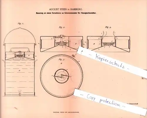 Original Patent  - August Steen in Hamburg , 1885 , Schankgeräthschaften !!!