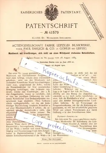 Original Patent  - Actiengesell. Fabrik Leipziger Musikwerke, vorm. P. Ehrlich & Co. in Gohlis bei Leipzig !!!