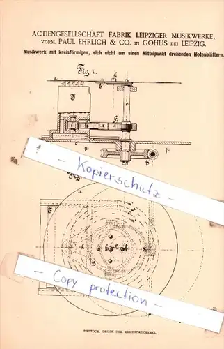 Original Patent  - Actiengesell. Fabrik Leipziger Musikwerke, vorm. P. Ehrlich & Co. in Gohlis bei Leipzig !!!