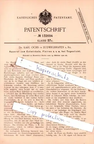 Original Patent  - Dr. Karl Ochs in Ludwigshafen a. Rh. , 1900 , Apparat zum Entwickeln !!!