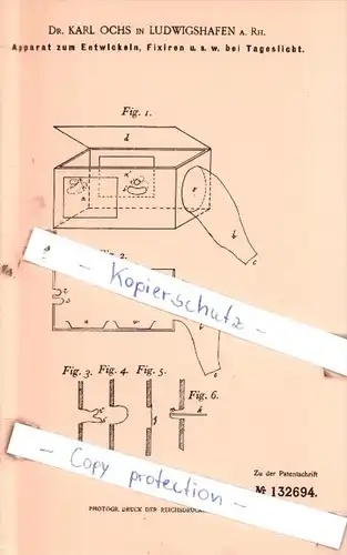 Original Patent  - Dr. Karl Ochs in Ludwigshafen a. Rh. , 1900 , Apparat zum Entwickeln !!!