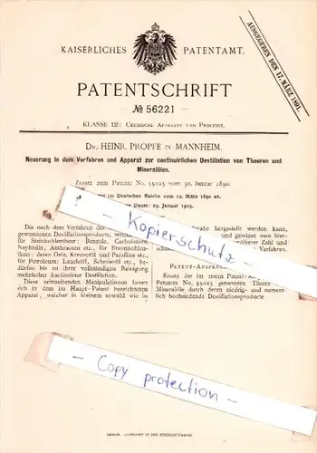 Original Patent  - Dr. Heinr. Propfe in Mannheim , 1890 , Chemische Apparate und Processe !!!