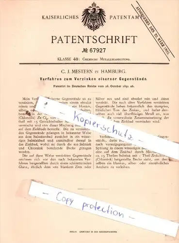 Original Patent  - C. J. Mestern in Hamburg , 1891 , Chemische Metallbearbeitung !!!
