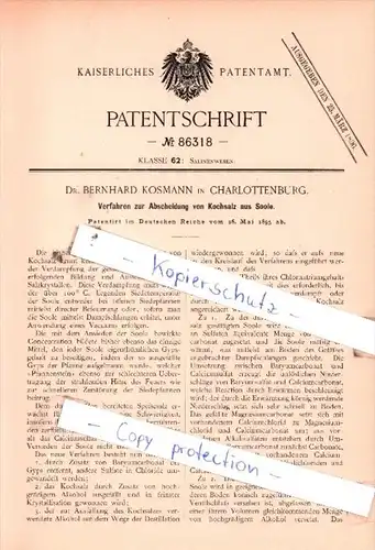 Original Patent  - Dr. Bernhard Kosmann in Charlottenburg , 1895 , Salinenwesen !!!