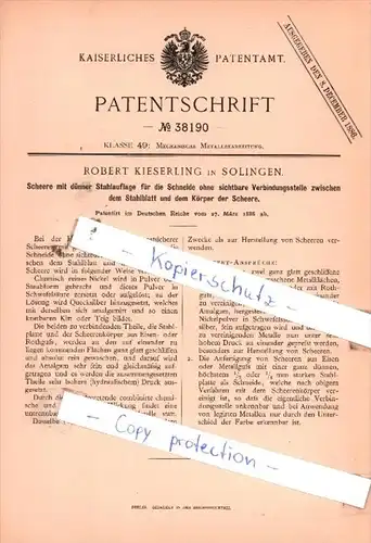 Original Patent  - Robert Kieserling in Solingen , 1886 , Scheere mit dünner Stahlauflage !!!