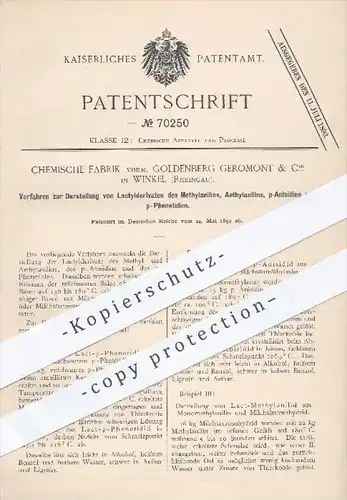 original Patent - Chem. Fabrik - Goldenberg Geromont & Cie , Winkel , 1892 , Darstellung von Lactyl - Derivaten , Chemie
