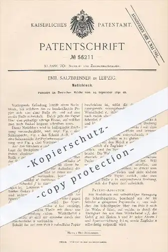 original Patent - Emil Salzbrenner in Leipzig , 1890 , Notizblock , Notizen , Block , Papier , Papierfabrik , Schreiben