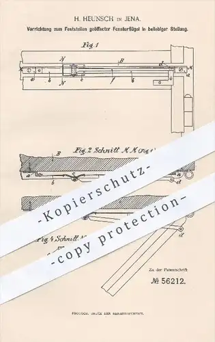 original Patent - H. Heunsch , Jena , 1890 , Feststellen geöffneter Fensterflügel , Fenster , Fensterbau , Hochbau !!!
