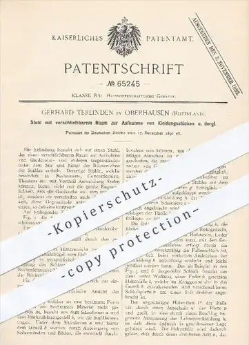 original Patent - Gerhard Terlinden in Oberhausen , 1891 , Stuhl mit verschließbarem Raum für Kleidung , Stühle , Möbel
