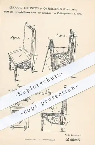 original Patent - Gerhard Terlinden in Oberhausen , 1891 , Stuhl mit verschließbarem Raum für Kleidung , Stühle , Möbel