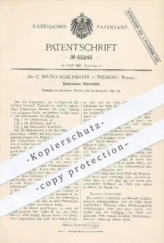 original Patent - Dr. C. Bruno Schürmayr in Freiburg , 1891 , Elektrisches Türschloss , Tür , Schloss , Schlosser !!