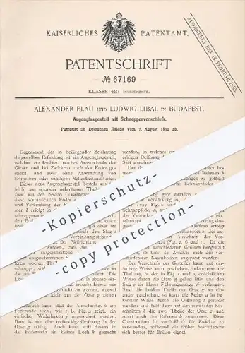 original Patent - A. Blau , L. Libal , Budapest , 1892 , Augenglasgestell , Brille , Brillen , Auge , Augen , Optiker !!