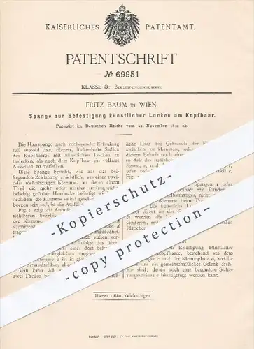 original Patent - Fritz Baum in Wien , 1892 , Spange zur Befestigung künstlicher Locken am Kopfhaar , Haare , Friseur !!