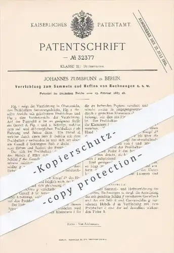 original Patent - Johannes Zumbrunn in Berlin , 1885 , Sammeln u. Heften von Rechnungen , Papier , Ordner , Aktenordner