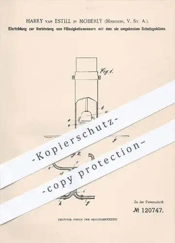 original Patent - Harry van Estill , Moberly , Missouri , USA , 1899 , Verbindung der Flüssigkeitsmesser , Messapparat !