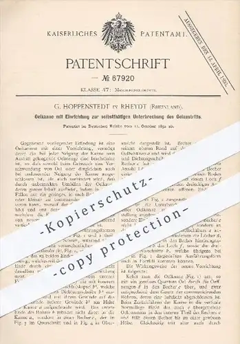 original Patent - G. Hoppenstedt in Rheydt , 1892 , Ölkanne mit Unterbrechung des Ölaustritts , Kanne für Öl , Maschinen