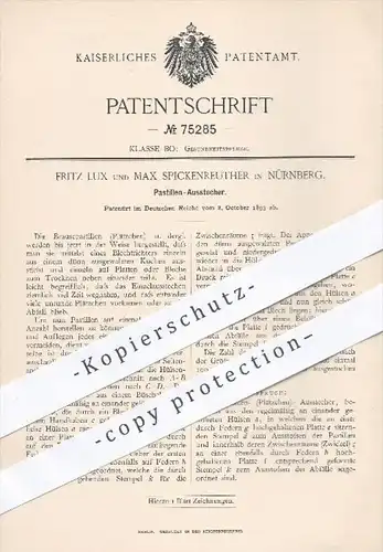 original Patent - Fritz Lux u. Max Spickenreuther , Nürnberg , 1893 , Ausstecher für Pastillen , Plätzchen , Tabletten !