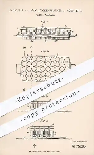 original Patent - Fritz Lux u. Max Spickenreuther , Nürnberg , 1893 , Ausstecher für Pastillen , Plätzchen , Tabletten !