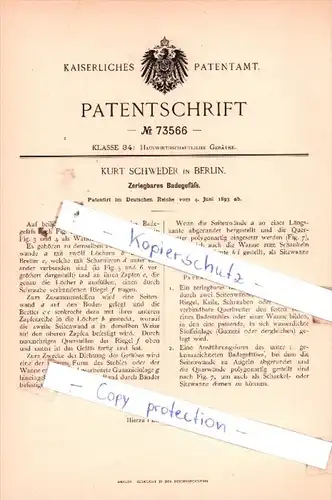 Original Patent  - Kurt Schweder in Berlin , 1893 , Zerlegbares Badegefäß !!!