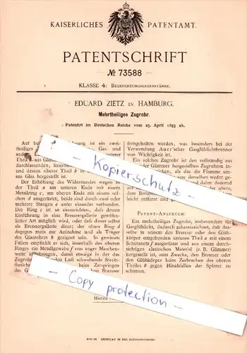 Original Patent  - Eduard Zietz in Hamburg , 1893 ,  Mehrtheiliges Zugrohr !!!