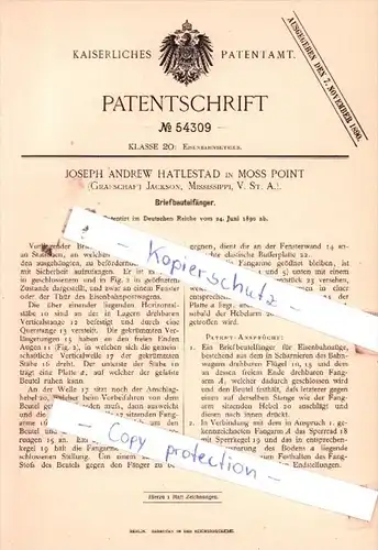 Original Patent  - Joseph Andrew Hatlestad in Moss Point , 1890 , Briefbeutelfänger !!!