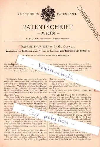 Original Patent  - Samuel Baur-Diez in Basel , Schweiz , 1895 , Mechanische Metallbearbeitung !!!