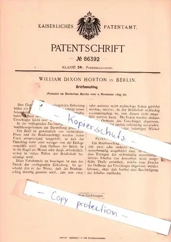 Original Patent  - William Dixon Horton in Berlin , 1895 , Briefumschlag !!!