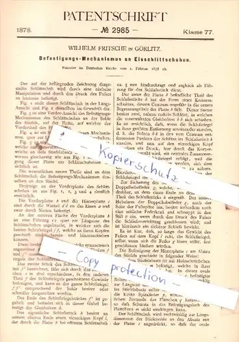 Original Patent  -  W. Fritsche in Görlitz , 1878 ,  Befestigungs-Mechanismus an Eisschlittschuhen !!!