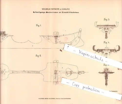 Original Patent  -  W. Fritsche in Görlitz , 1878 ,  Befestigungs-Mechanismus an Eisschlittschuhen !!!