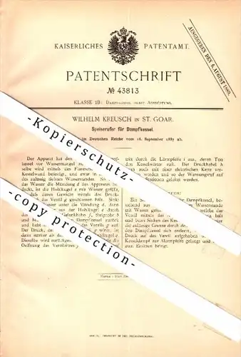 Original Patent - Wilhelm Kreusch in Sankt Goar , 1887 , Speiserufer für Dampfkessel , Dampfmaschine !!!