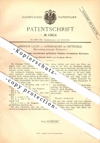 Original Patent - Heinrich Lages in Sandersdorf-Brehna b. Bitterfeld , 1888 , Visierkorn , Braunkohle-Grube Richardt !!!